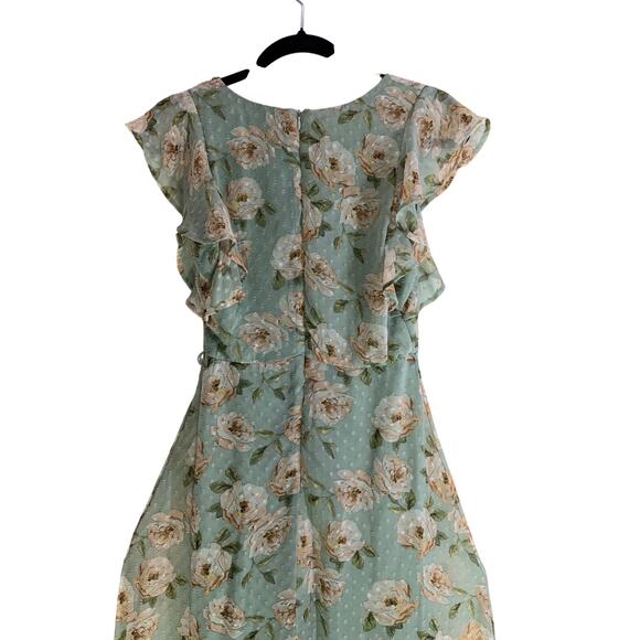 Altar’d State Green Floral Midi Dress Ruffle Sleeve V Neck No Belt - Picture 4 of 10